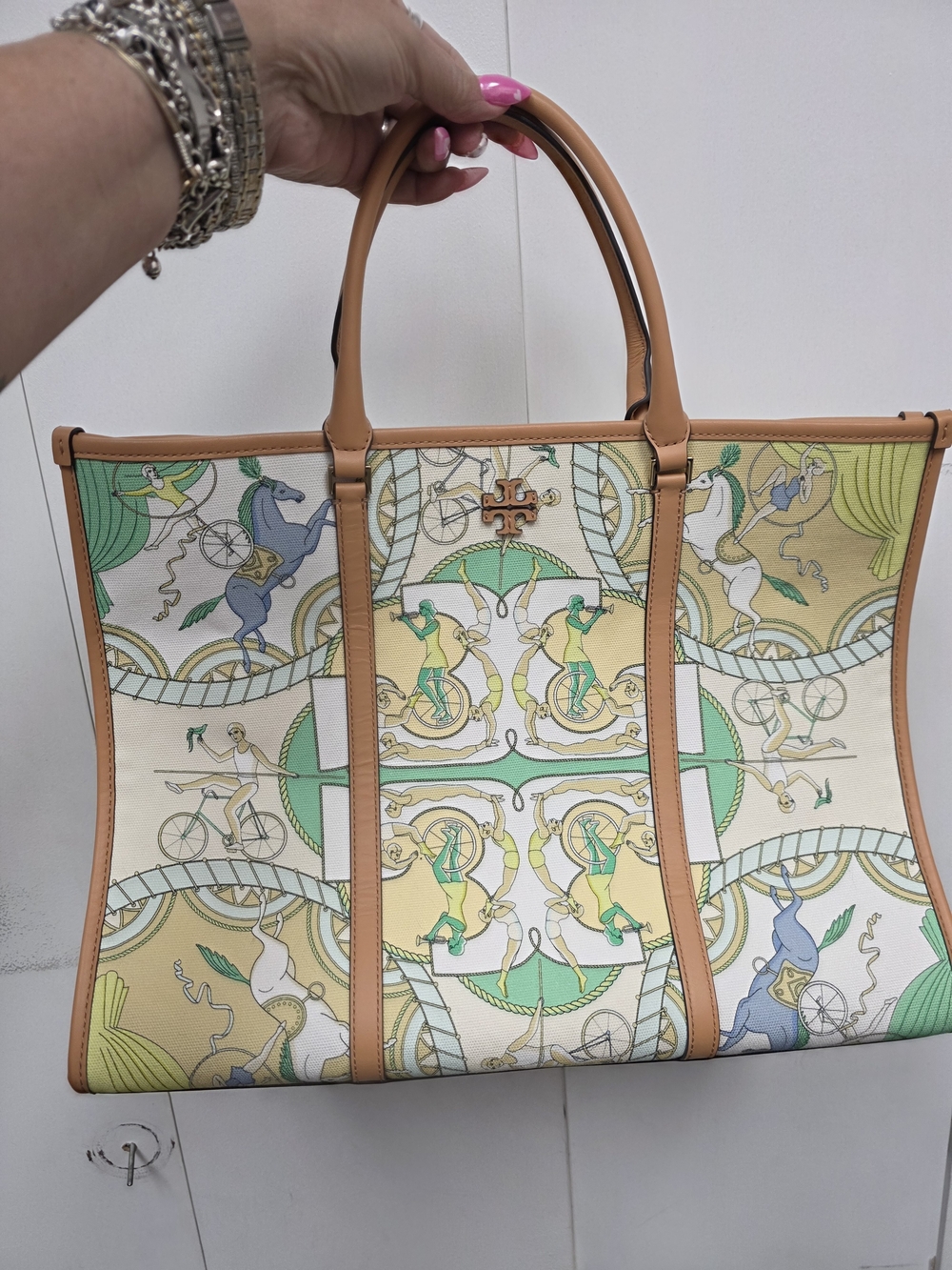 Tory Burch Printed Canvas Tote in Cream, Tan & Green